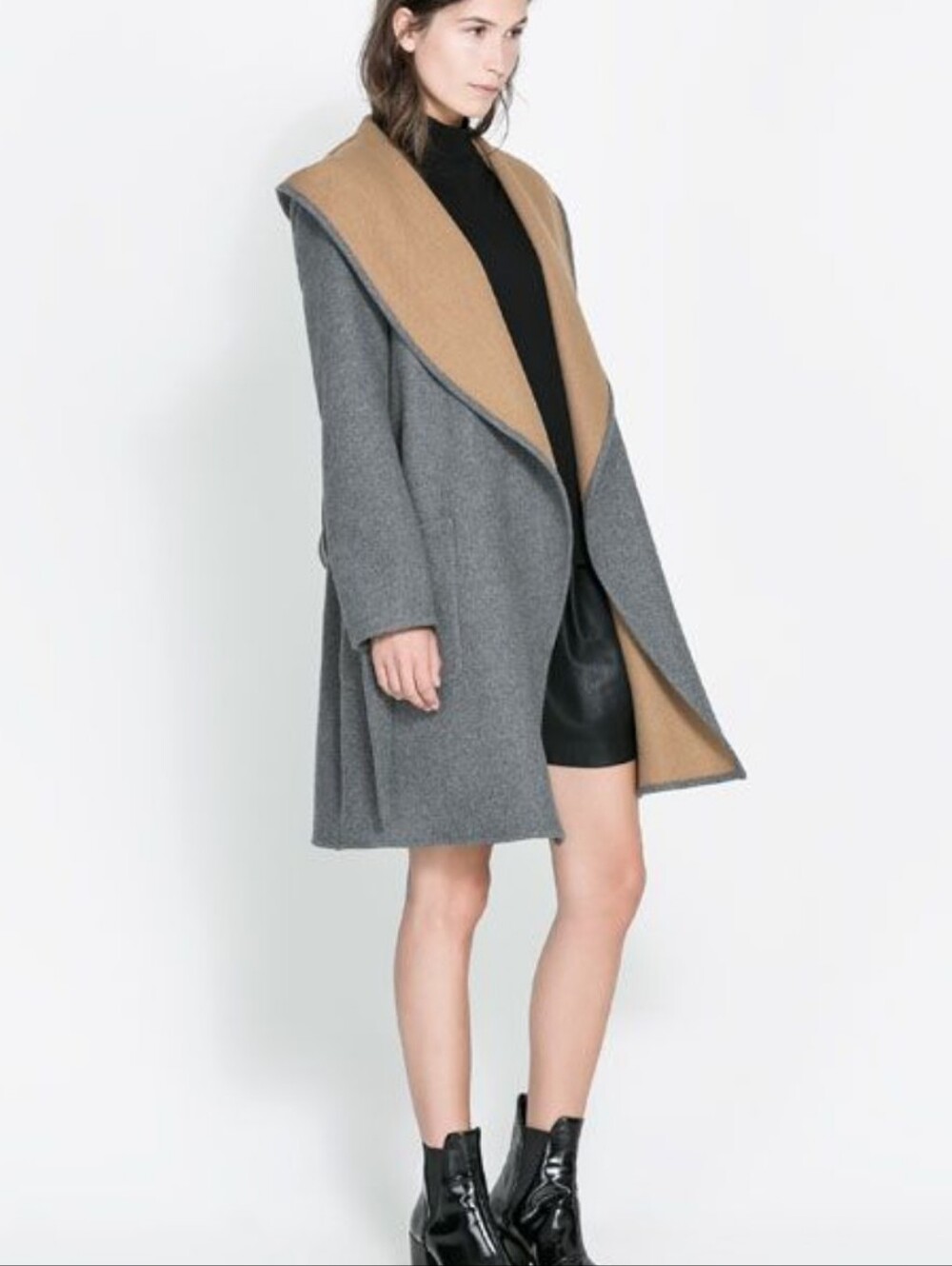 Zara hooded wool coat featuring a contrasting camel lining and a wraparound belt